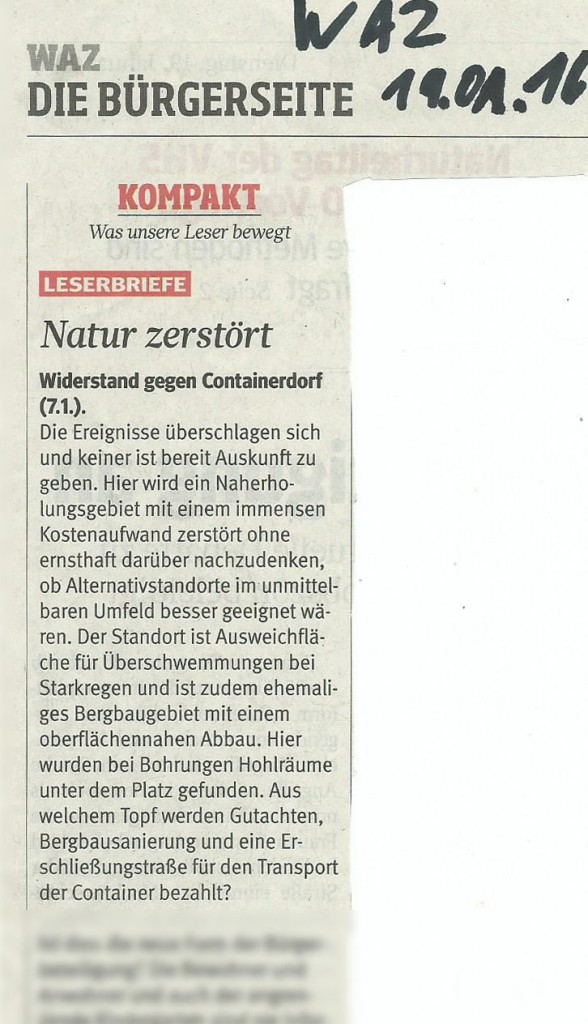 WAZ Leserbrief 19.1.2016 von B. Giese