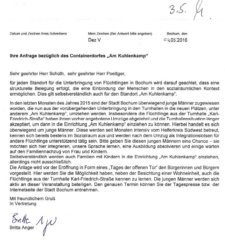 Anworten der Stadträtin Britta Anger zu Nachfragen bezüglich der Belegung des Contaionerdorfs