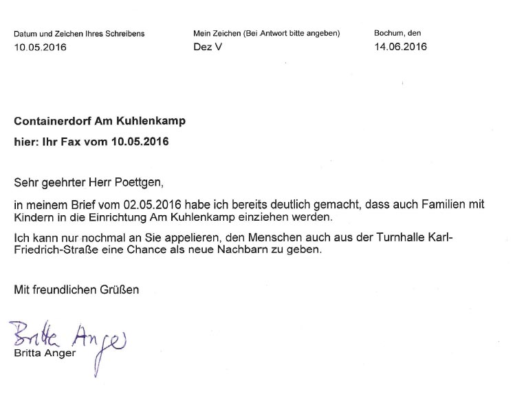 Anworten der Stadträtin Britta Anger zu Nachfragen bezüglich der Belegung des Contaionerdorfs