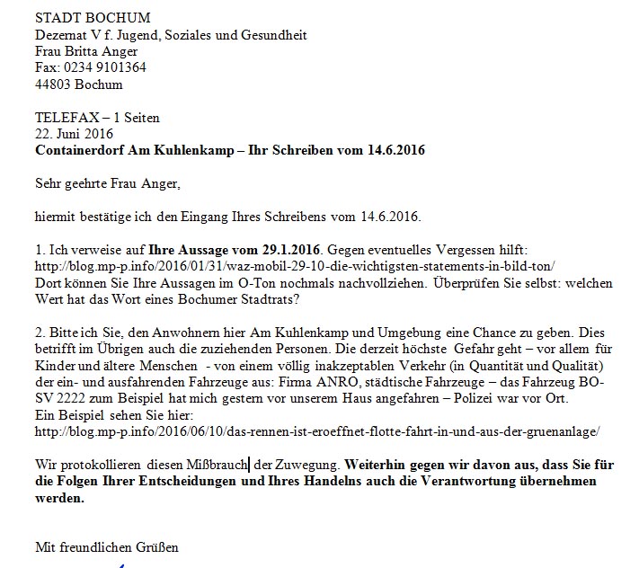 Reaktion auf letztes Schreiben der Stadträtin B. Anger