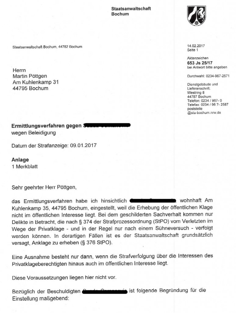 Wegen mangelndem öffentlichen Interesse eingestellt