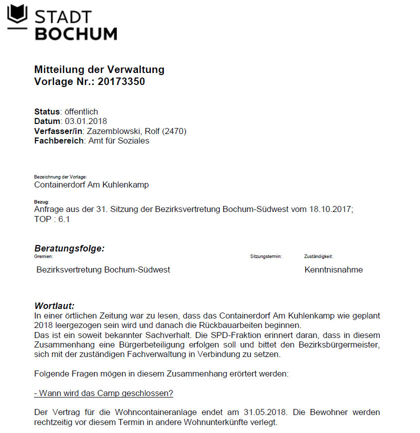 Mitteilung der Vewaltung zur Schließung Containerdorf Am Kuhlenkamp 31