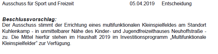 Auszug aus der Beschlussvorlage zur Errichtung eines Kleinspielfeldes Am Kuhlenkamp