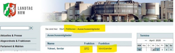 Hinweis auf den Vorsitz des Petitionsausschusses im Landtag Düsseldorf