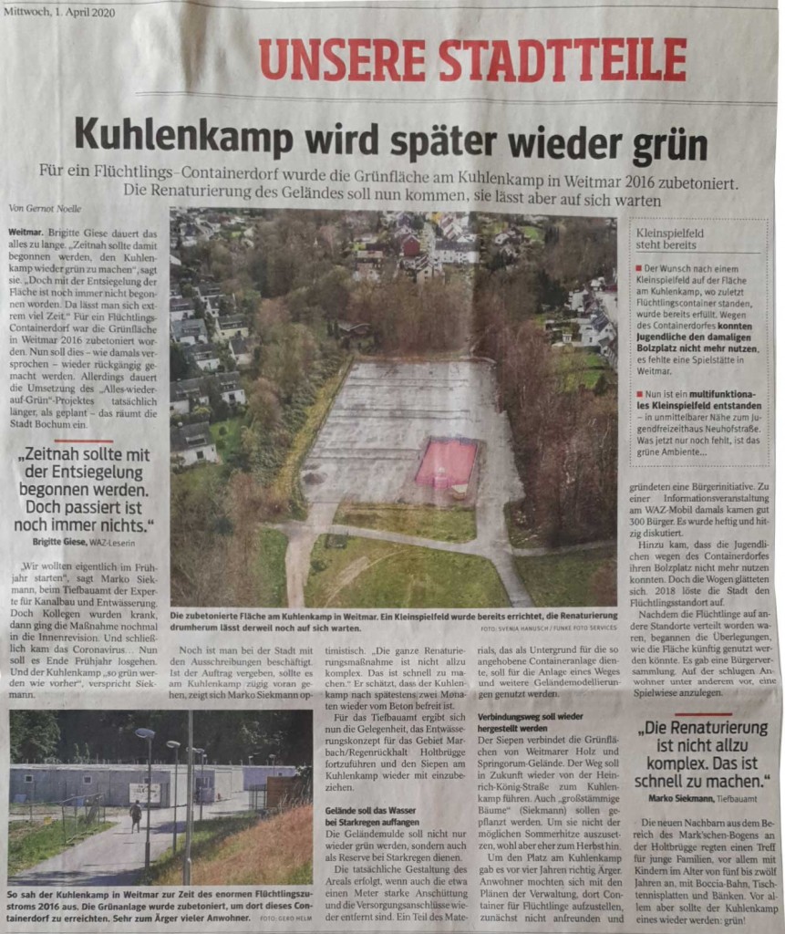 WAZ Bericht vom 1.4.2020 zum Thema Verzögerung bei der Renaturierung Am Kuhlenkamp